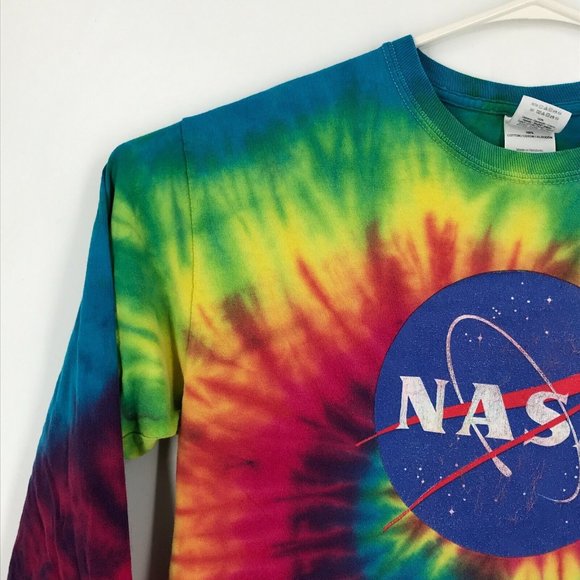 NASA Mens Shirt Medium Red Rainbow Tie Dye Long Sleeve Pullover Spiral Space - Picture 9 of 16
